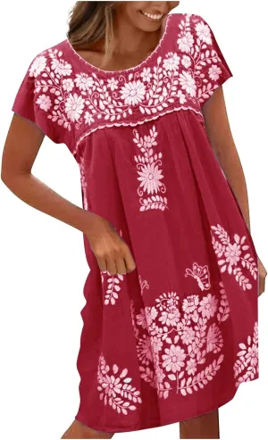 Women's Dresses Summer Casual Loose Printed Dress 2024 Swing Round Neck Short Sleeve Dresses Plus Size, S-5XL