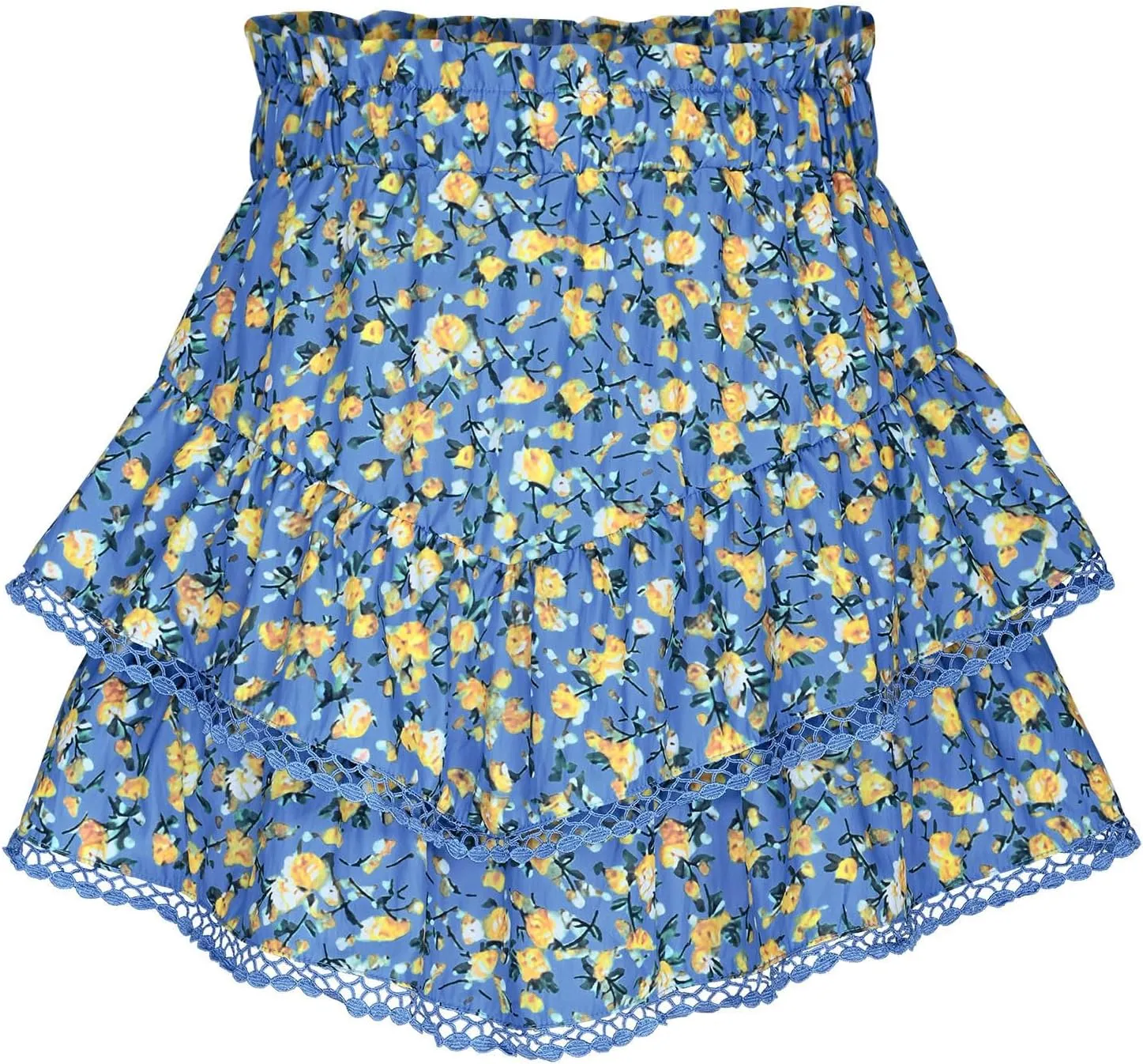 Women's High Waist Ruffle Flowy Mini Skirts Stretchy High Waist Boho Floral Layered Pleated Casual Beach Short Skirt