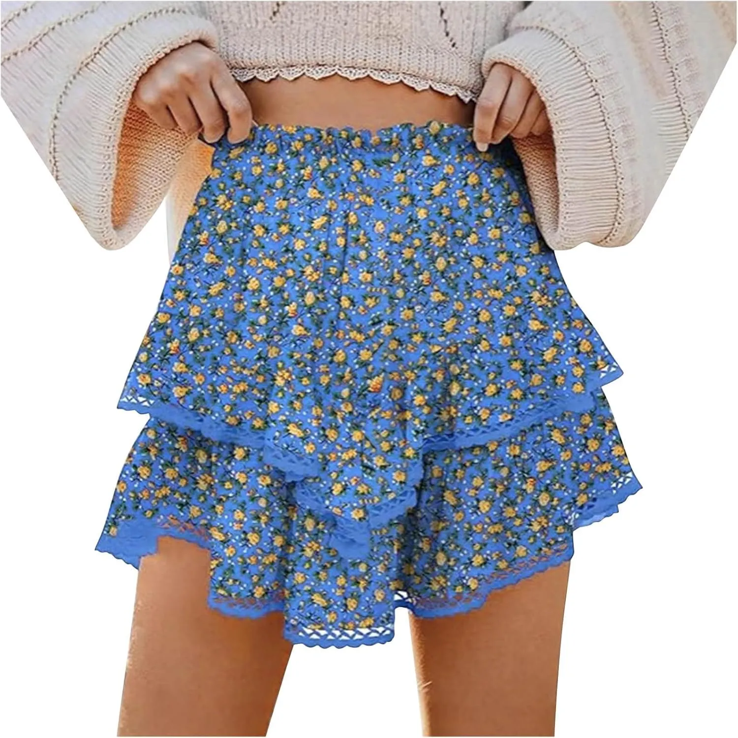 Women's High Waist Ruffle Flowy Mini Skirts Stretchy High Waist Boho Floral Layered Pleated Casual Beach Short Skirt