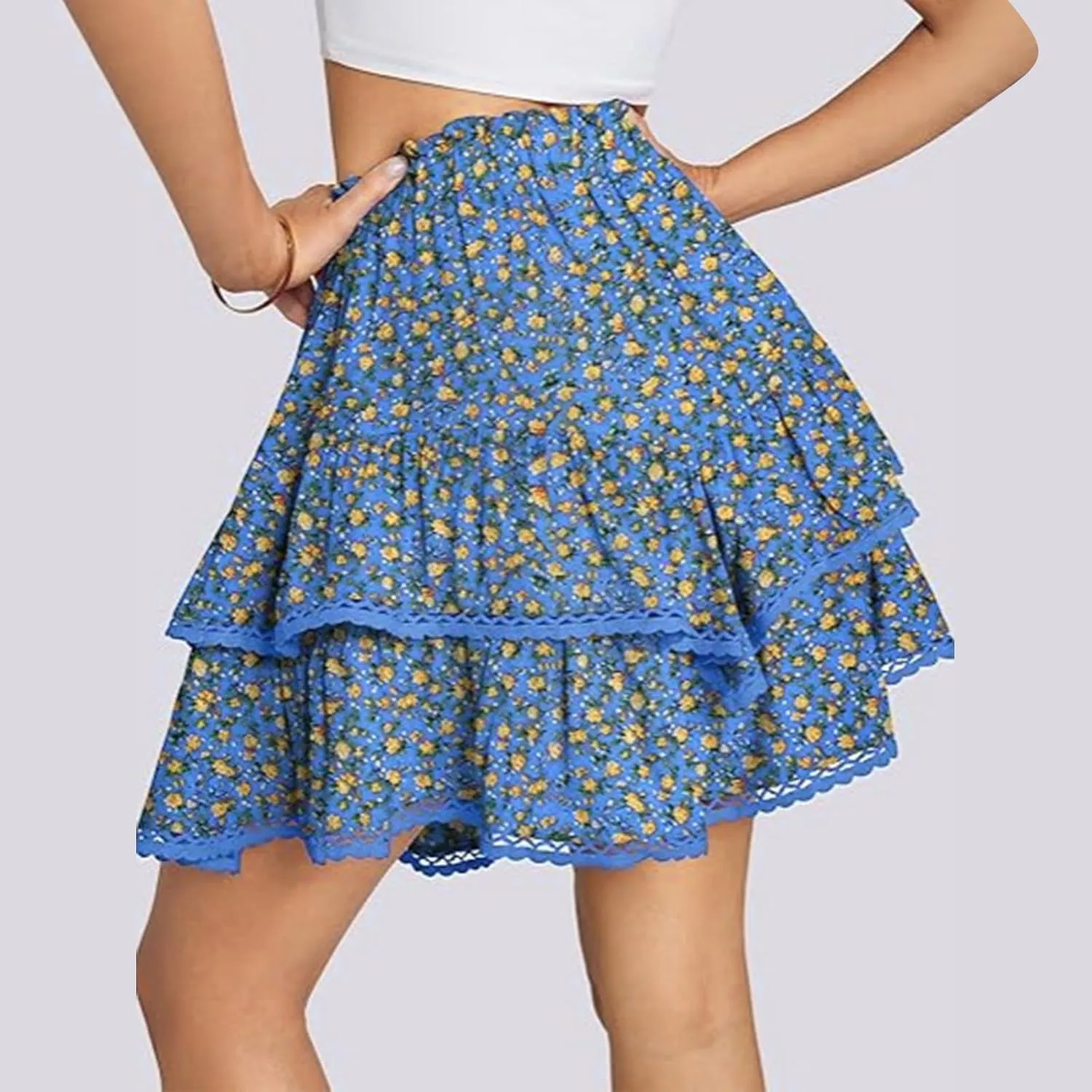 Women's High Waist Ruffle Flowy Mini Skirts Stretchy High Waist Boho Floral Layered Pleated Casual Beach Short Skirt