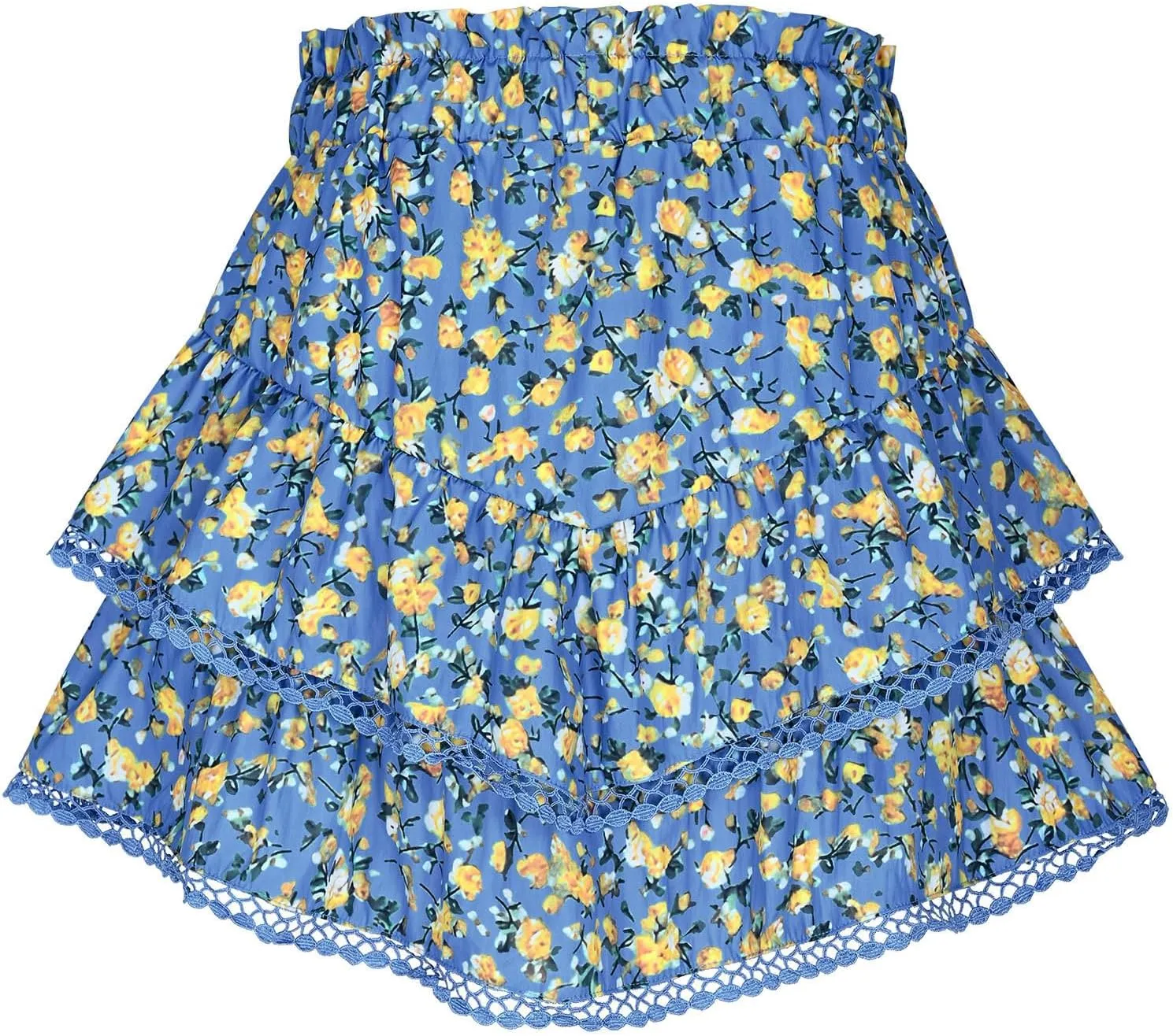 Women's High Waist Ruffle Flowy Mini Skirts Stretchy High Waist Boho Floral Layered Pleated Casual Beach Short Skirt