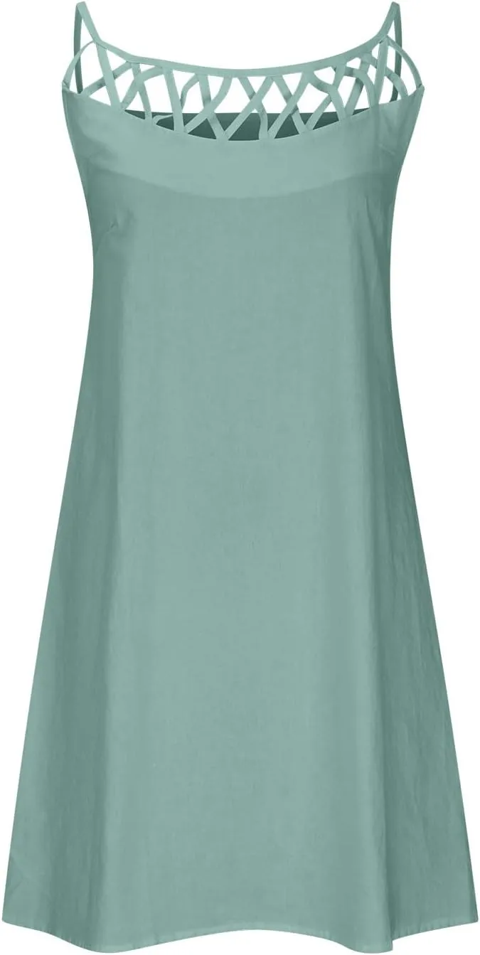 Women's Summer Casual Halter Dress Cotton Linen Dresses Crochet Hollow Out A-line Plain Simple Beach Shift Sundresses