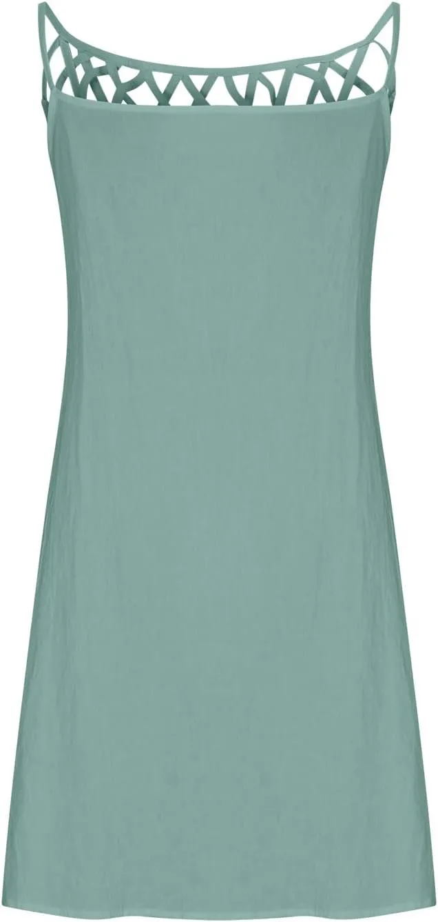 Women's Summer Casual Halter Dress Cotton Linen Dresses Crochet Hollow Out A-line Plain Simple Beach Shift Sundresses