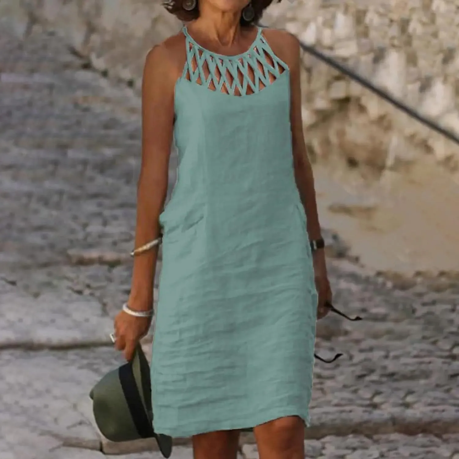 Women's Summer Casual Halter Dress Cotton Linen Dresses Crochet Hollow Out A-line Plain Simple Beach Shift Sundresses