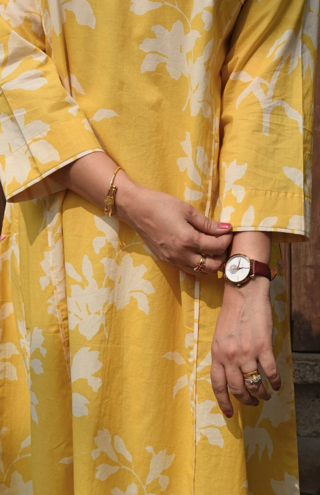 Yellow Floral Paneled Kurta with Striped Pajama