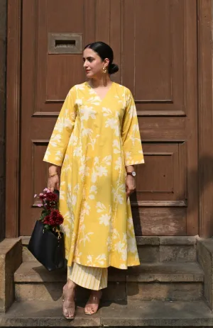 Yellow Floral Paneled Kurta with Striped Pajama