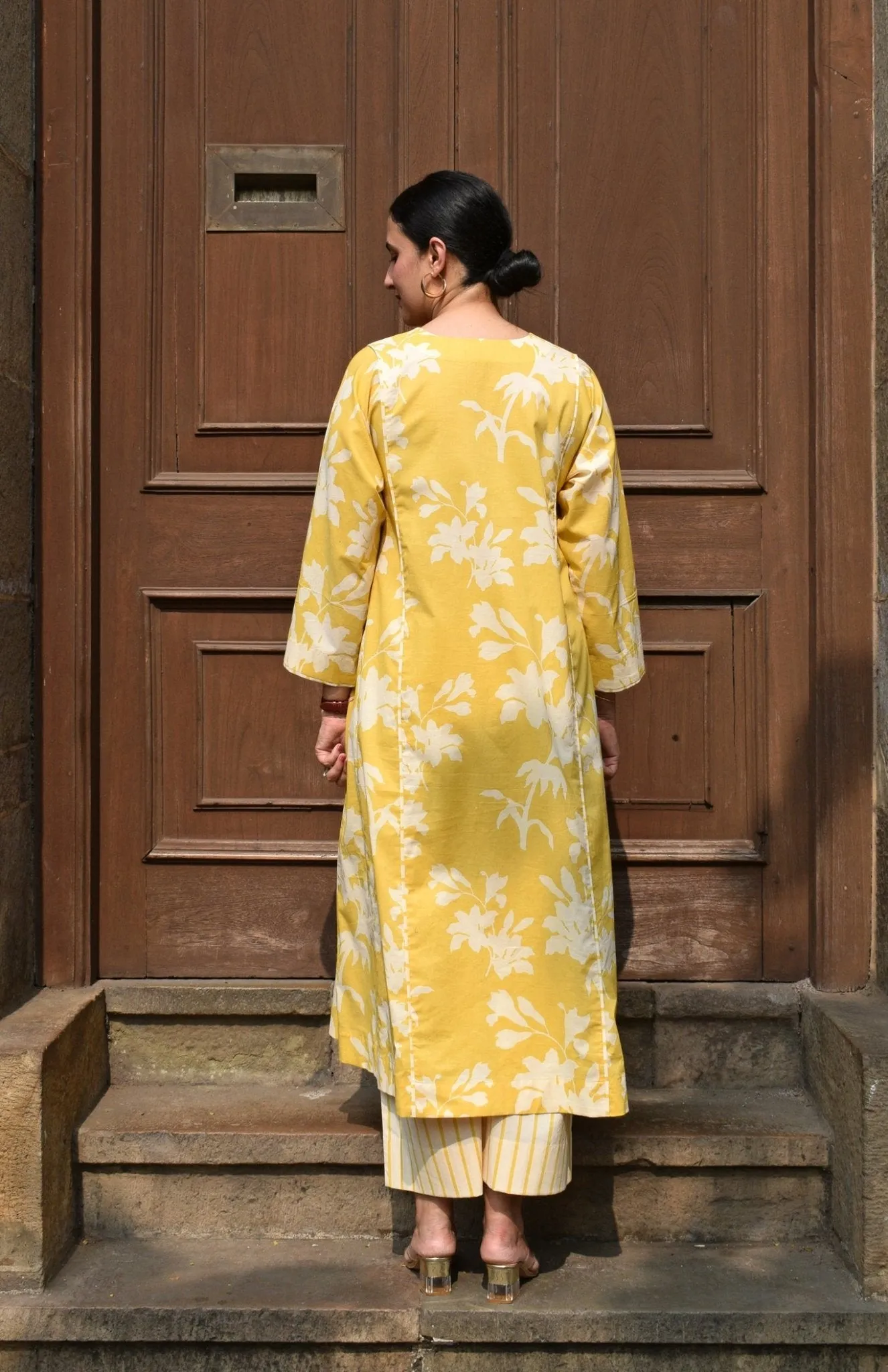 Yellow Floral Paneled Kurta with Striped Pajama