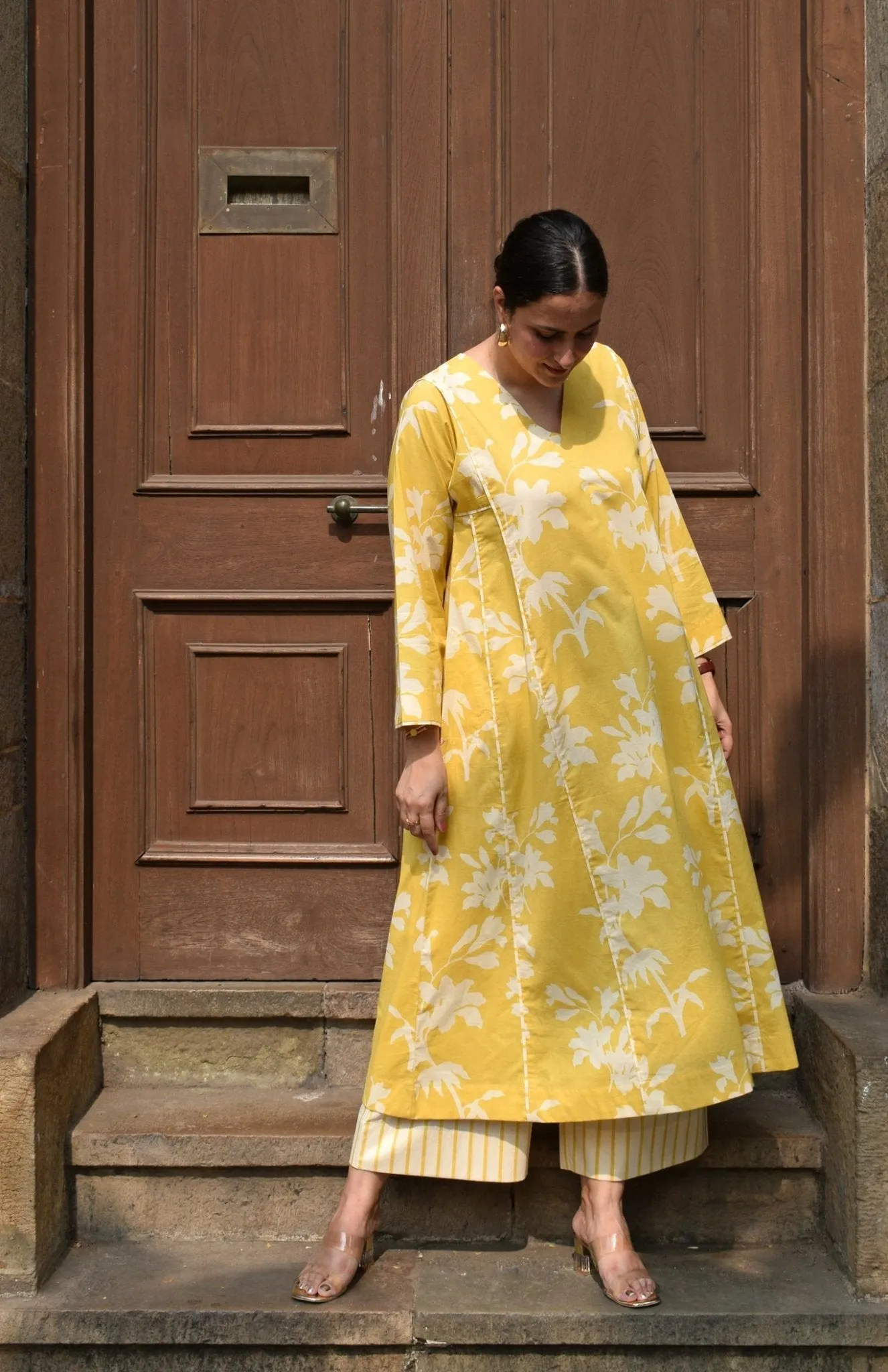 Yellow Floral Paneled Kurta with Striped Pajama