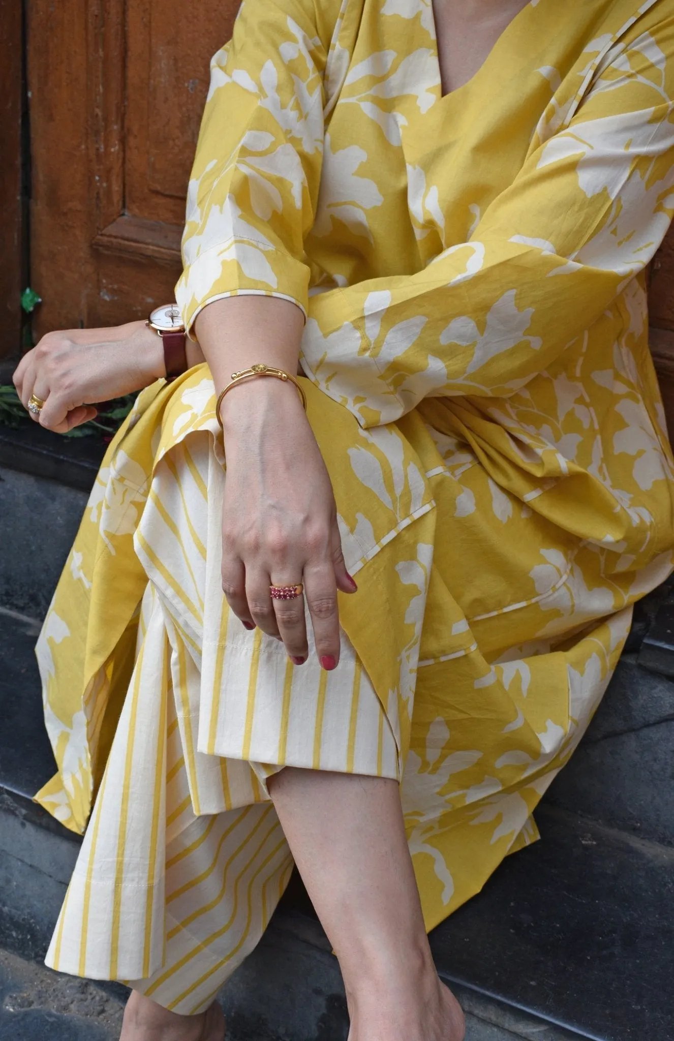 Yellow Floral Paneled Kurta with Striped Pajama