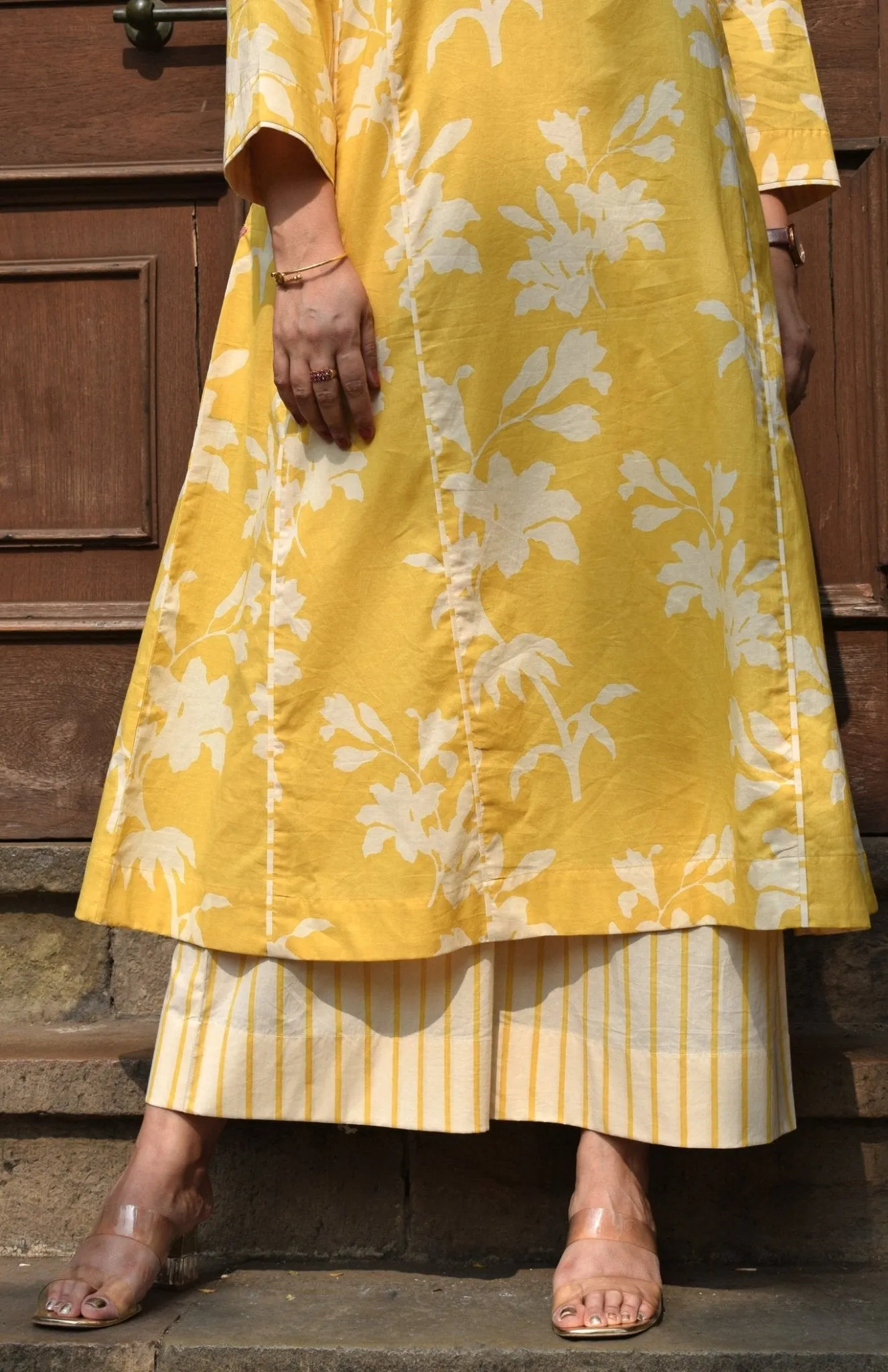 Yellow Floral Paneled Kurta with Striped Pajama