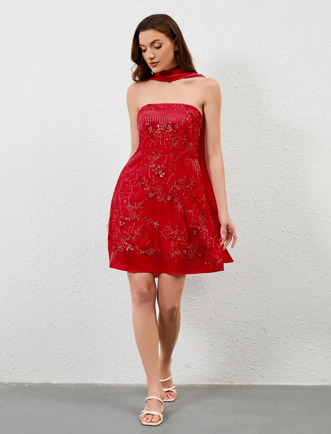 Ythomm Womens Sequin Beaded Mini Dress with Scarf Y2k Strapless Sparkle Short Dresses Summer Trendy Club Party Glitter Dress