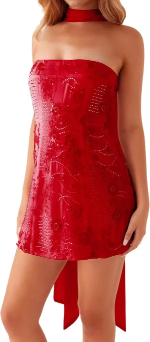 Ythomm Womens Sequin Beaded Mini Dress with Scarf Y2k Strapless Sparkle Short Dresses Summer Trendy Club Party Glitter Dress