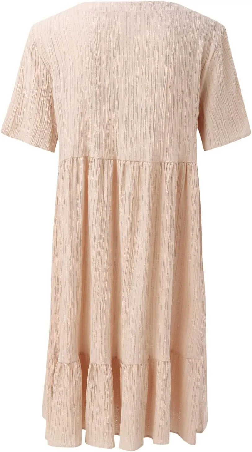ZYXTIM Women's Casual T Shirt Dress Summer Spring V Neck Short Sleeve Sundress Solid Color Pleated Flowy Swing Shift Dresses