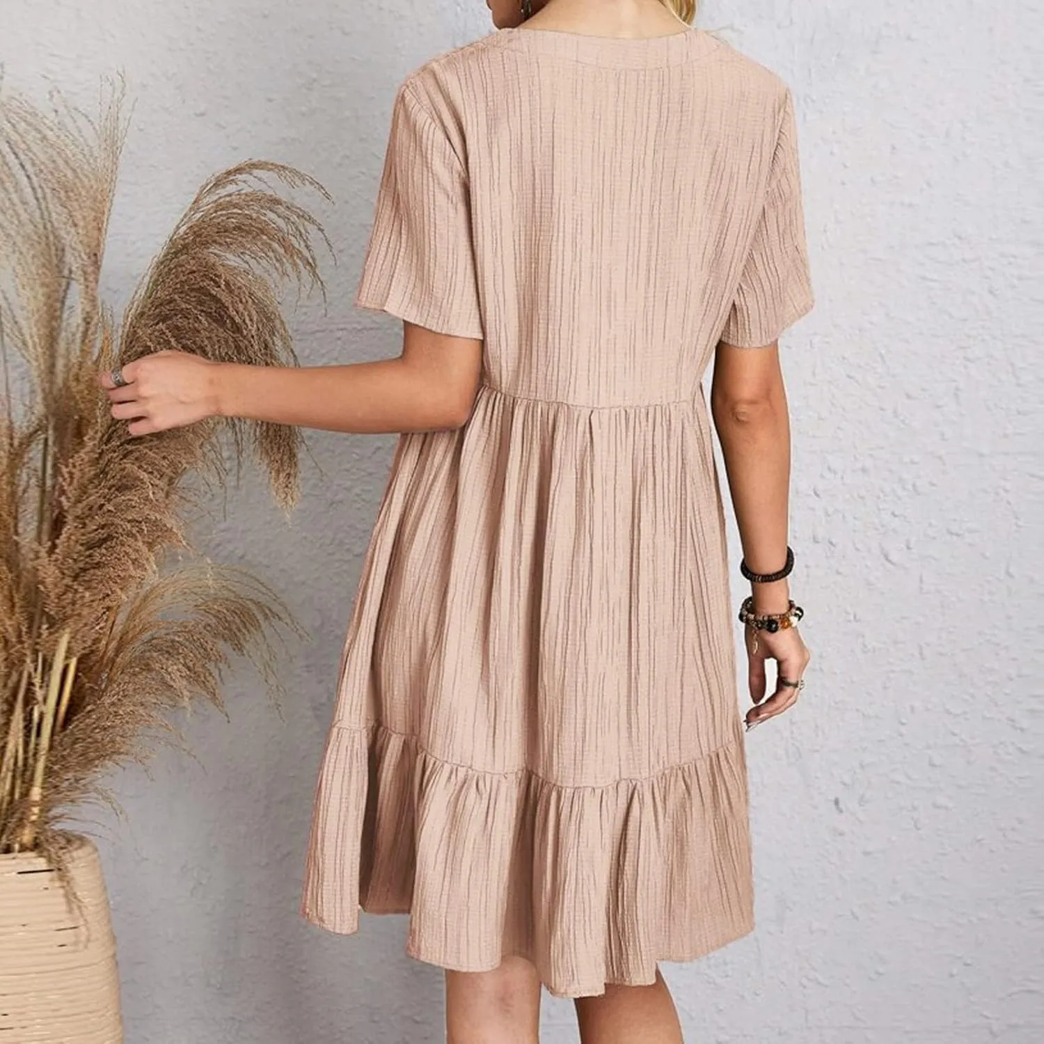ZYXTIM Women's Casual T Shirt Dress Summer Spring V Neck Short Sleeve Sundress Solid Color Pleated Flowy Swing Shift Dresses