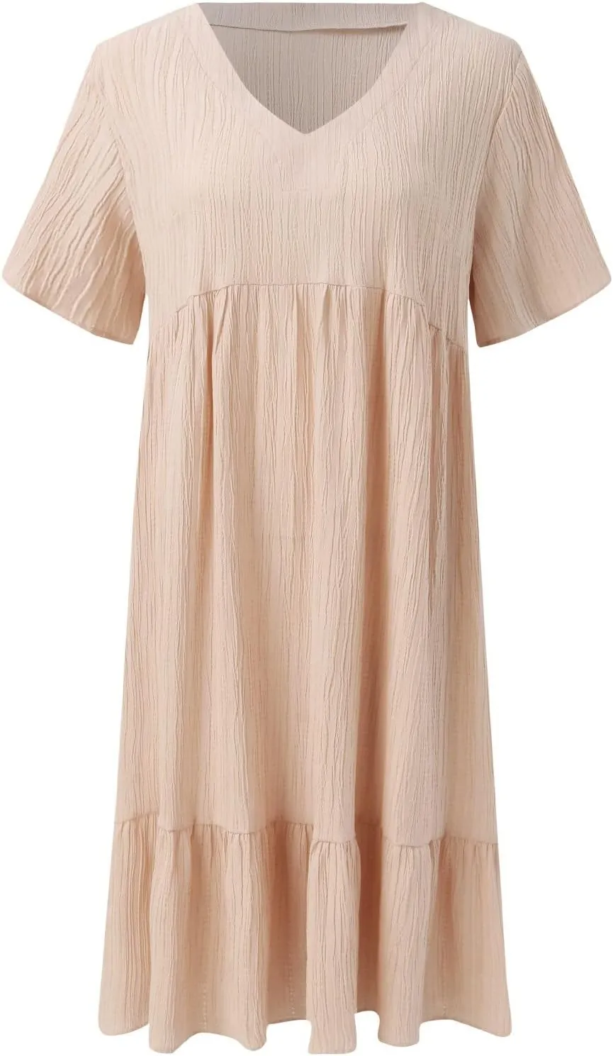 ZYXTIM Women's Casual T Shirt Dress Summer Spring V Neck Short Sleeve Sundress Solid Color Pleated Flowy Swing Shift Dresses