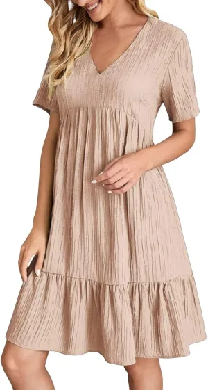 ZYXTIM Women's Casual T Shirt Dress Summer Spring V Neck Short Sleeve Sundress Solid Color Pleated Flowy Swing Shift Dresses